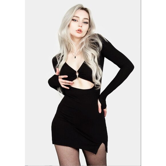 Disturbia Eastwick Cutout Mini Dress Ribbed w Silver Spike Fang Black US 6 - Picture 1 of 15